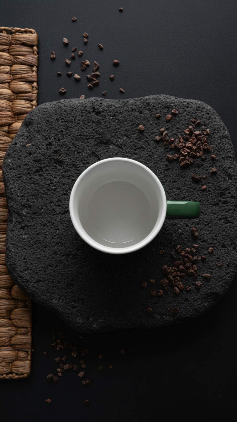 Acme Bobby Mug Kawakawa on a dark stone surface surrounded by Pacific cacao beans — Aunty Tommy&