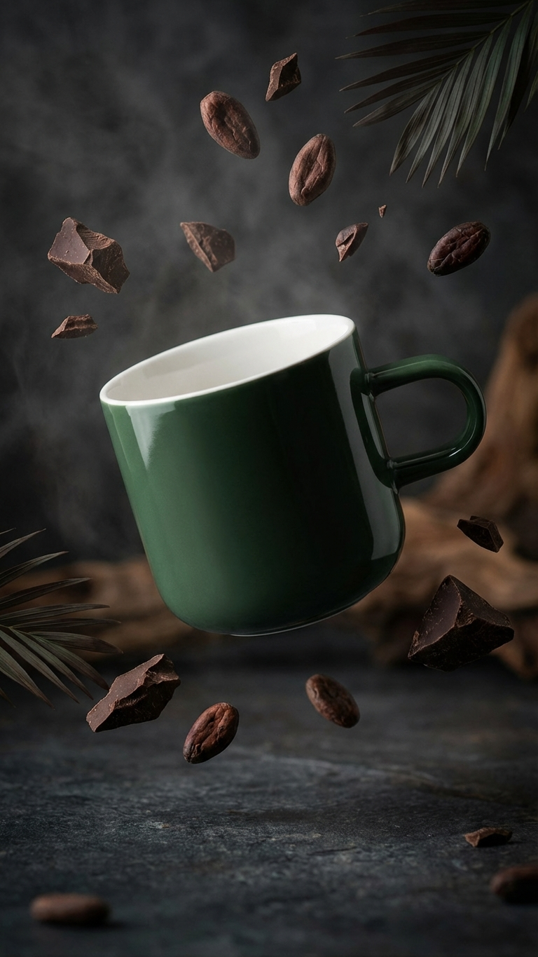 Acme Bobby Mug Kawakawa floating against a dark background with Pacific cacao beans — Aunty Tommy&