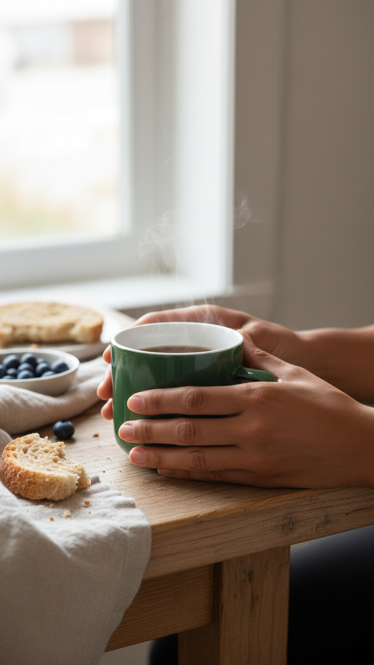 Person holding a green acme kokako bobby mug with tea on a wooden table near a window.