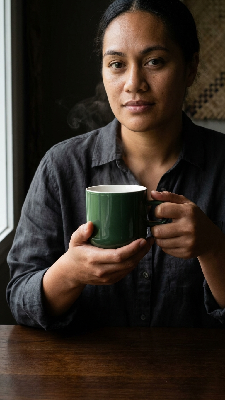 Woman holding acme kawakawa green bobby mug in a dimly lit room.