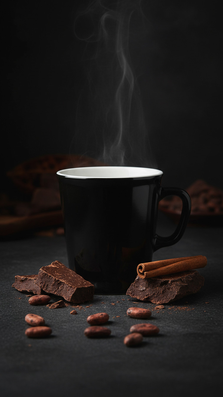 Acme Union Mug Penguin on a dark surface with Pacific cacao beans and cinnamon sticks, steam rising — Aunty Tommy&