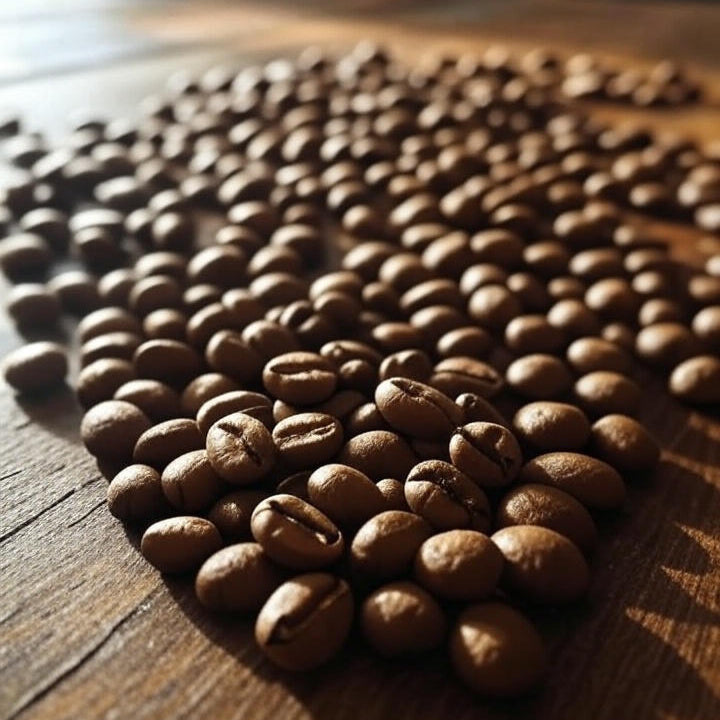 Coffee beans on a wooden surface with a blurred background