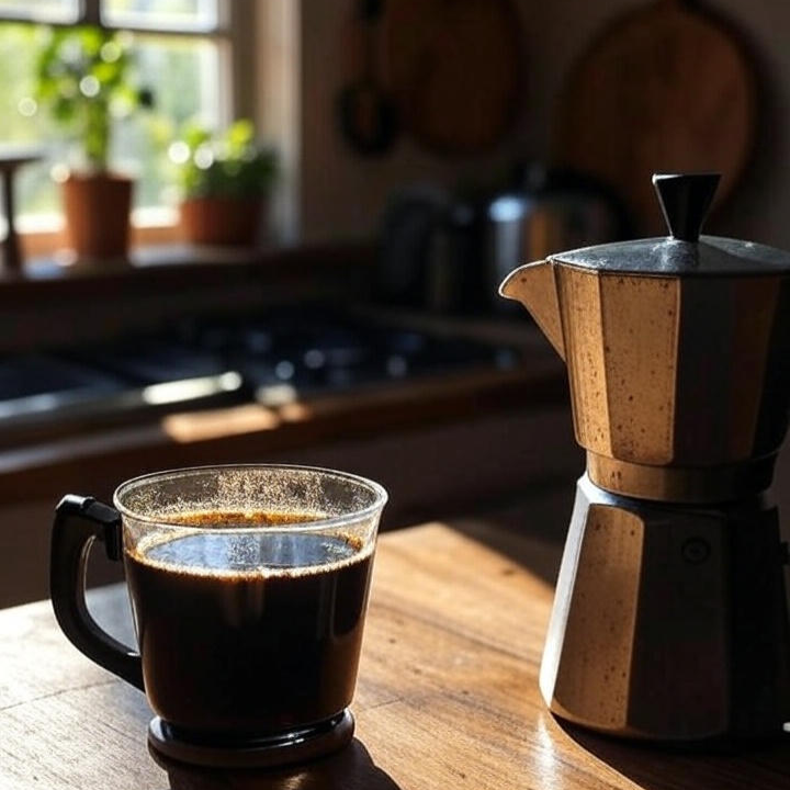 Moka pot and glass of coffee on a wooden table with a kitchen background