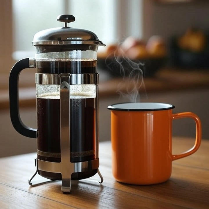 French press with steaming coffee next to an orange mug on a wooden surface