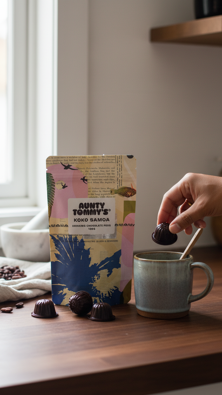 Person adding a chocolate pod to a mug with Aunty Tommy&