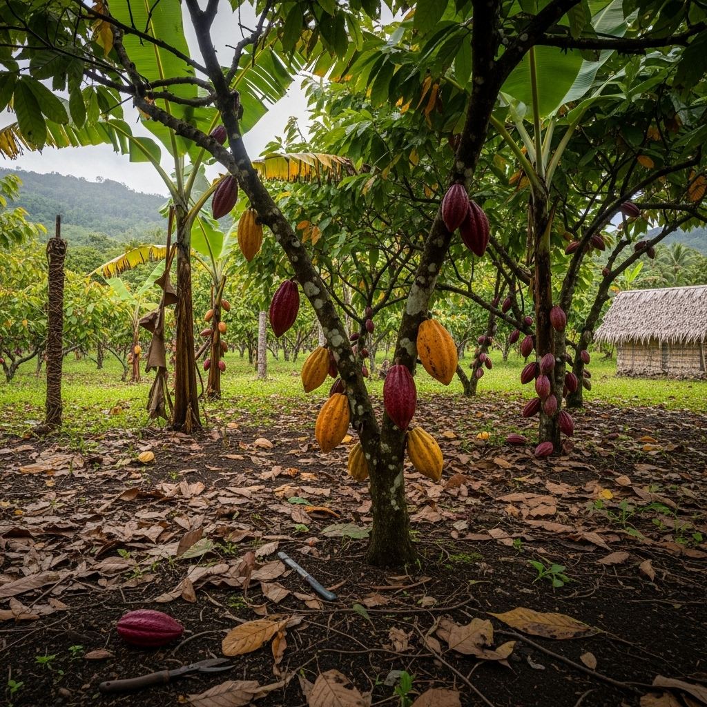 Cocoa trees with red and yellow fruits in a lush green forest setting.