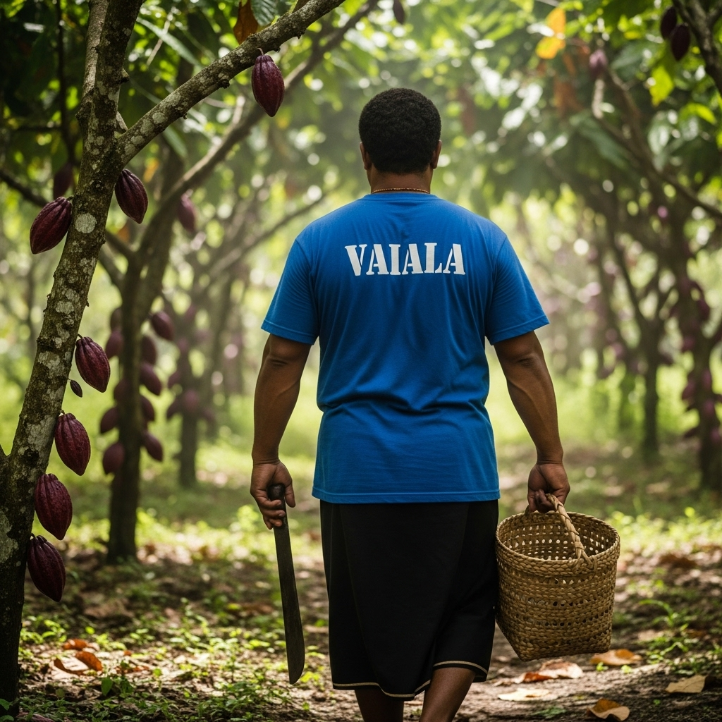 Man walking through a cacao tree plantation with &