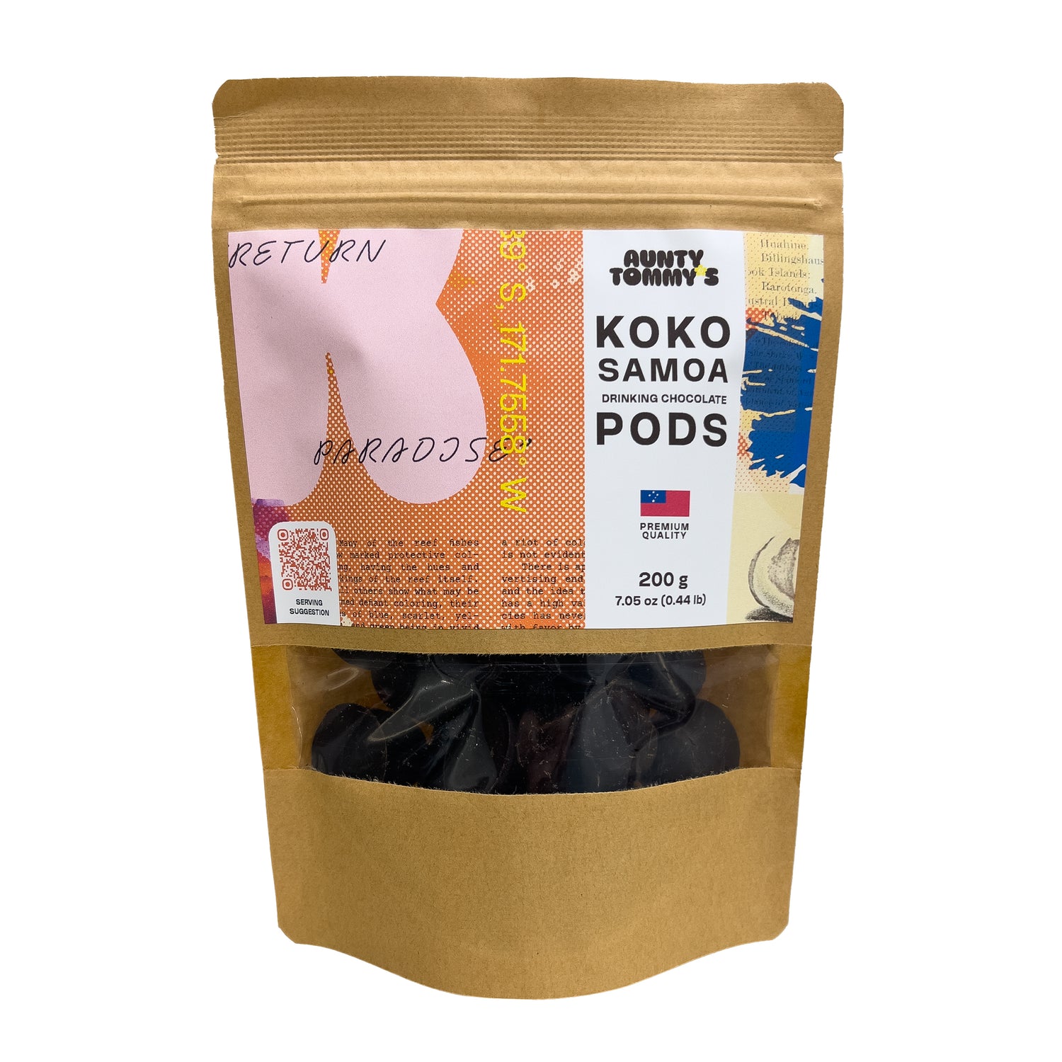 200 g bag of Aunty Tommy's Koko Samoa Pods
