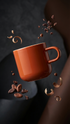 acme clay bobby mug with cocoa beans on a dark background.
