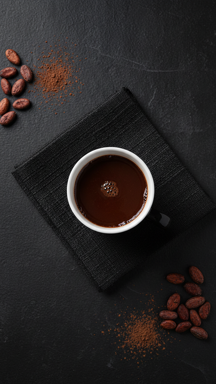 Acme Union Mug Penguin on a black napkin with scattered Pacific cacao beans and koko grounds on a dark surface — Aunty Tommy&