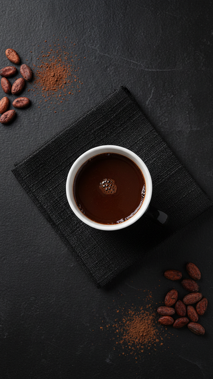 Acme Union Mug Penguin on a black napkin with scattered Pacific cacao beans and koko grounds on a dark surface — Aunty Tommy&
