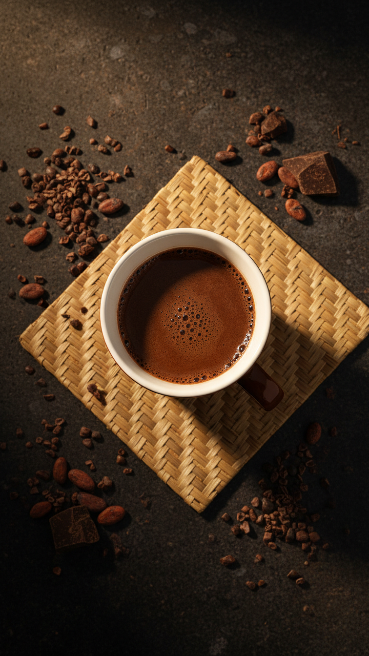 Acme Union Mug Weka holding hot Koko Samoa on a woven coaster, surrounded by Pacific cacao nibs, beans and koko chocolate pieces on a dark surface — Aunty Tommy&