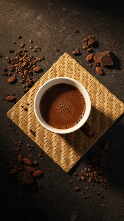 Acme Union Mug Weka holding hot Koko Samoa on a woven coaster, surrounded by Pacific cacao nibs, beans and koko chocolate pieces on a dark surface — Aunty Tommy&