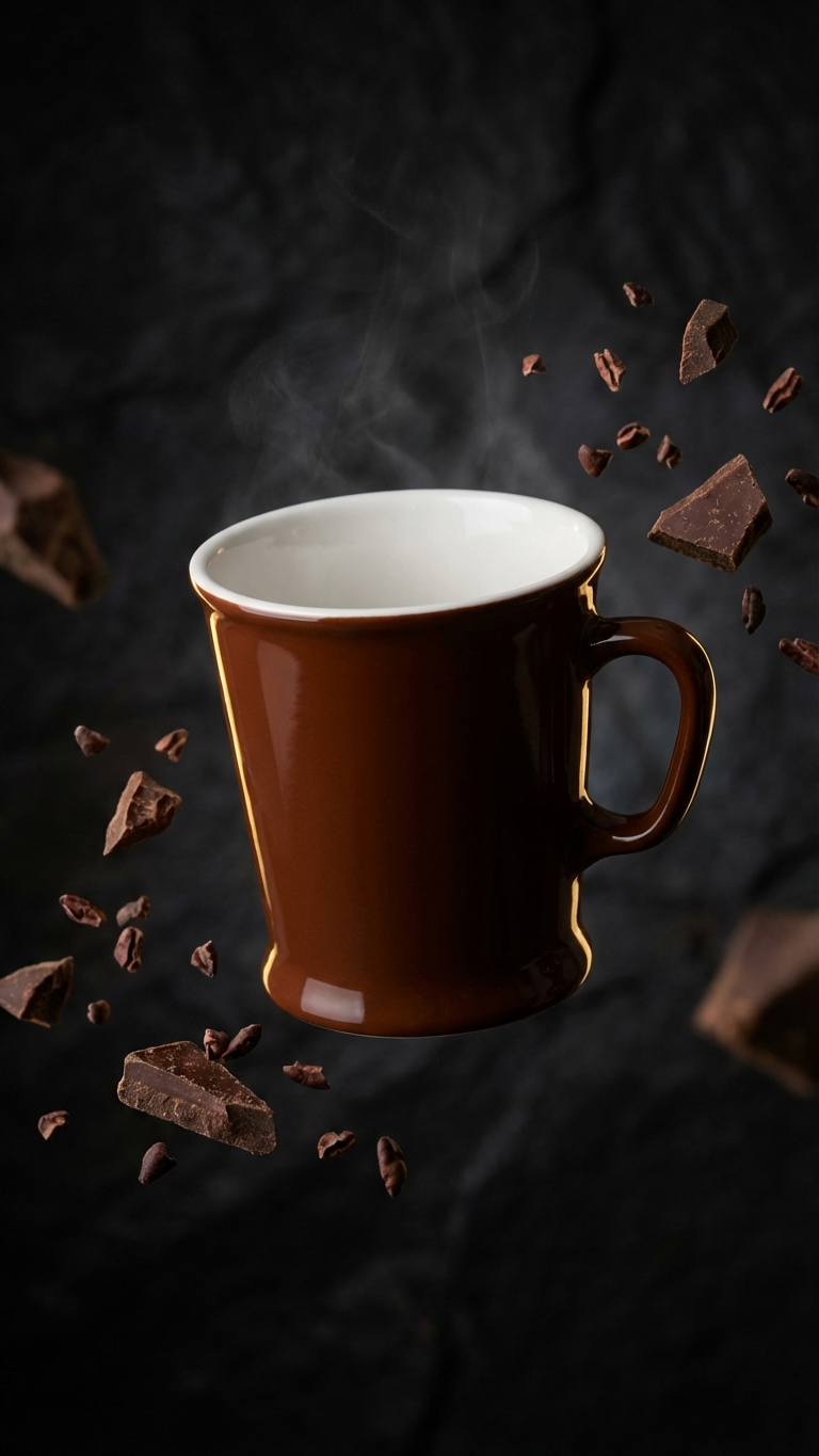 Acme Union Mug Weka floating against a dark background with steam rising and scattered Koko Samoa cacao pieces — Aunty Tommy&