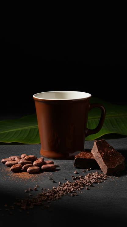 Acme Union Mug Weka on a dark surface with Koko Samoa cacao pieces and Pacific cacao beans, green banana leaves in the background — Aunty Tommy&