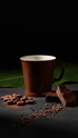 Acme Union Mug Weka on a dark surface with Koko Samoa cacao pieces and Pacific cacao beans, green banana leaves in the background — Aunty Tommy&