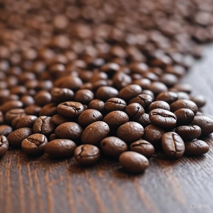 Close-up of coffee beans on a wooden surface