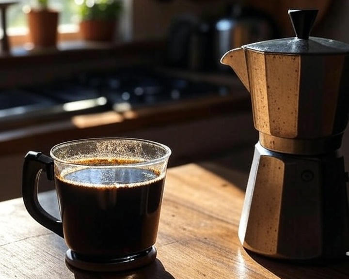 Moka pot and glass of coffee on a wooden table with a kitchen background