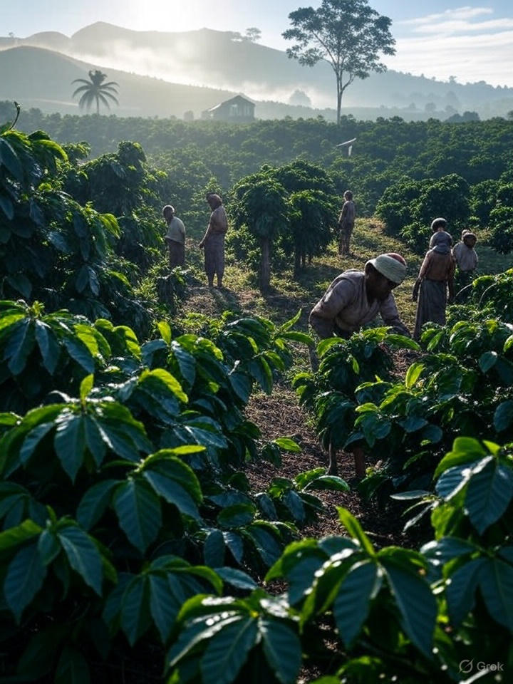 Farmers working in a coffee plantation with mountains in the background