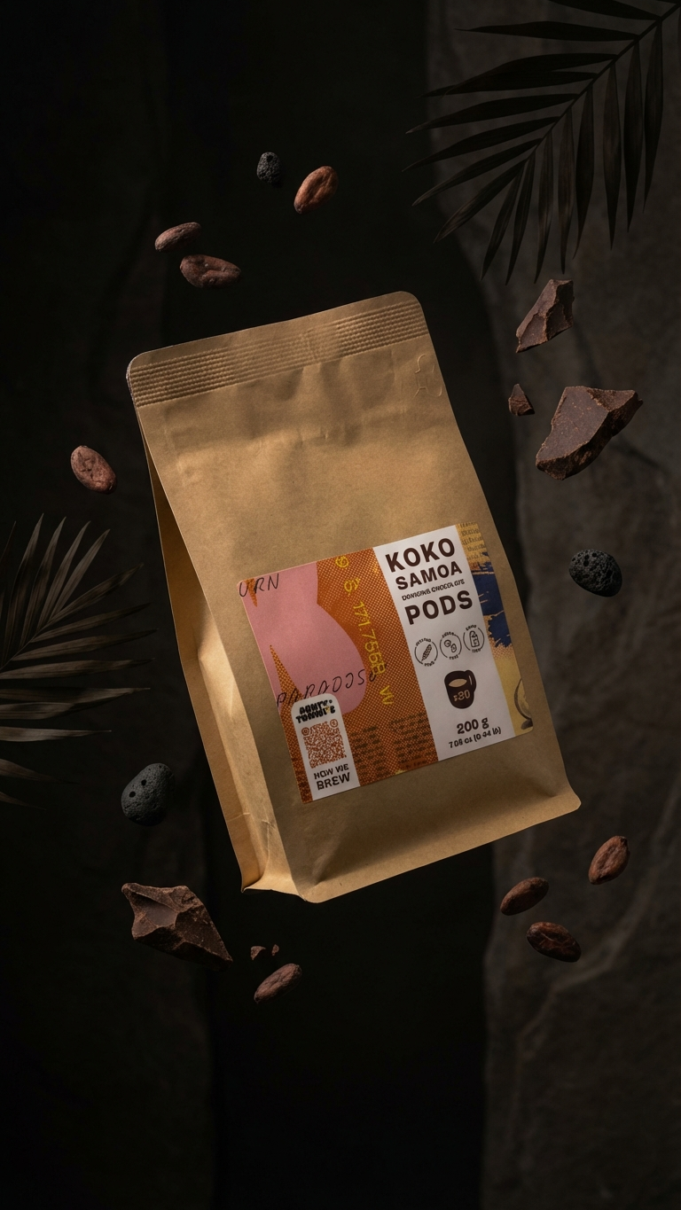 Koko Samoa coffee pods packaging on a dark background with leaves